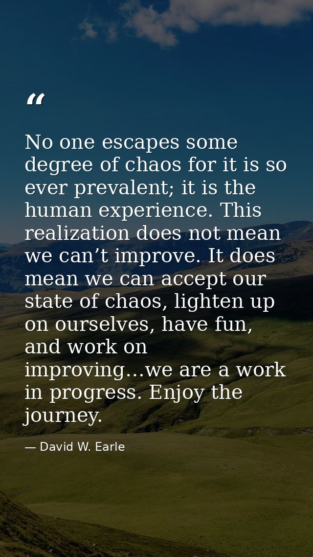 No one escapes some degree of chaos for it is so ever prevalent; it is the human experience. This realization does not m — David W. Earle