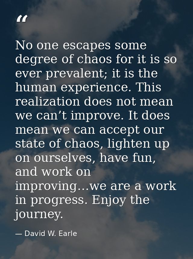 No one escapes some degree of chaos for it is so ever prevalent; it is the human experience. This realization does not m — David W. Earle