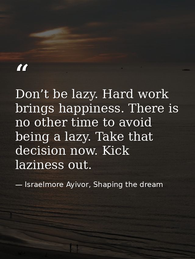 Don’t be lazy. Hard work brings happiness. There is no other time to avoid being a lazy. Take that decision now. Kick la — Israelmore Ayivor, Shaping the dream