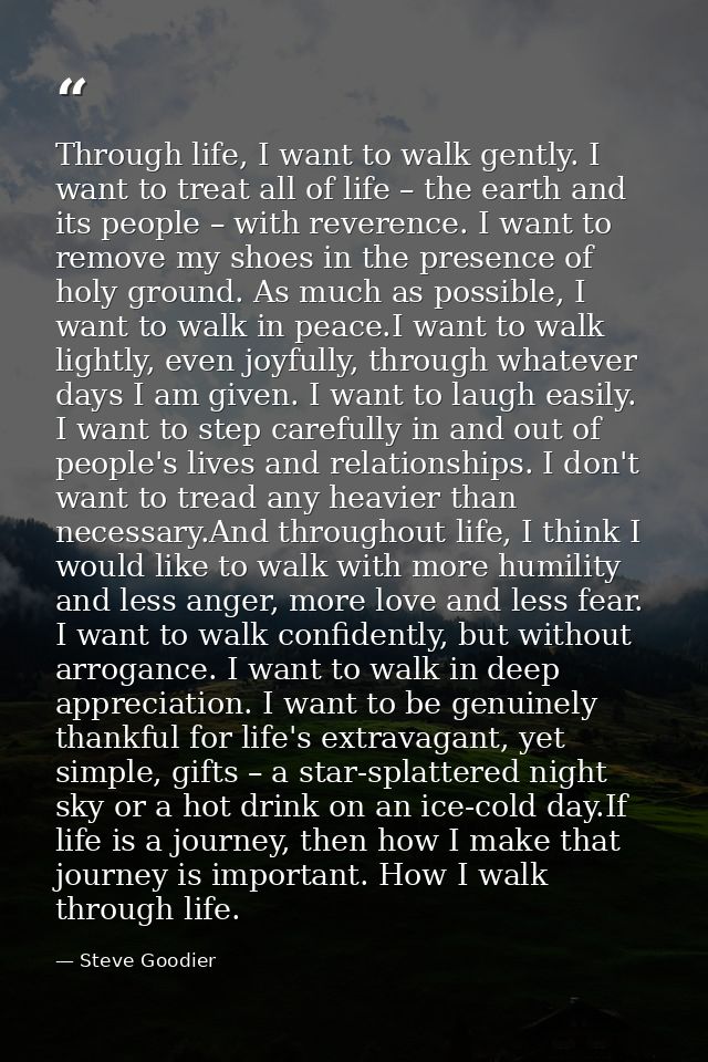 Through life, I want to walk gently. I want to treat all of life – the earth and its people – with reverence. I want to  — Steve Goodier