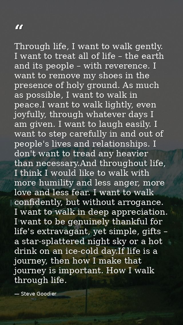 Through life, I want to walk gently. I want to treat all of life – the earth and its people – with reverence. I want to  — Steve Goodier