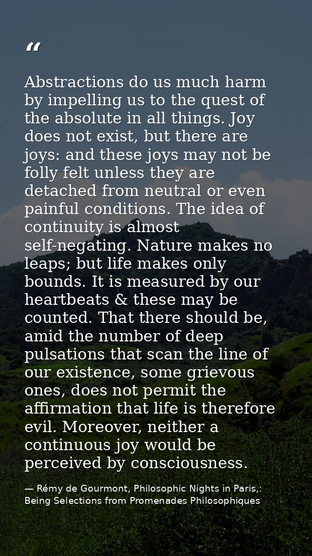 Abstractions do us much harm by impelling us to the quest of the absolute in all things. Joy does not exist, but there a — Rémy de Gourmont, Philosophic Nights in Paris,: Being Selections from Promenades Philosophiques