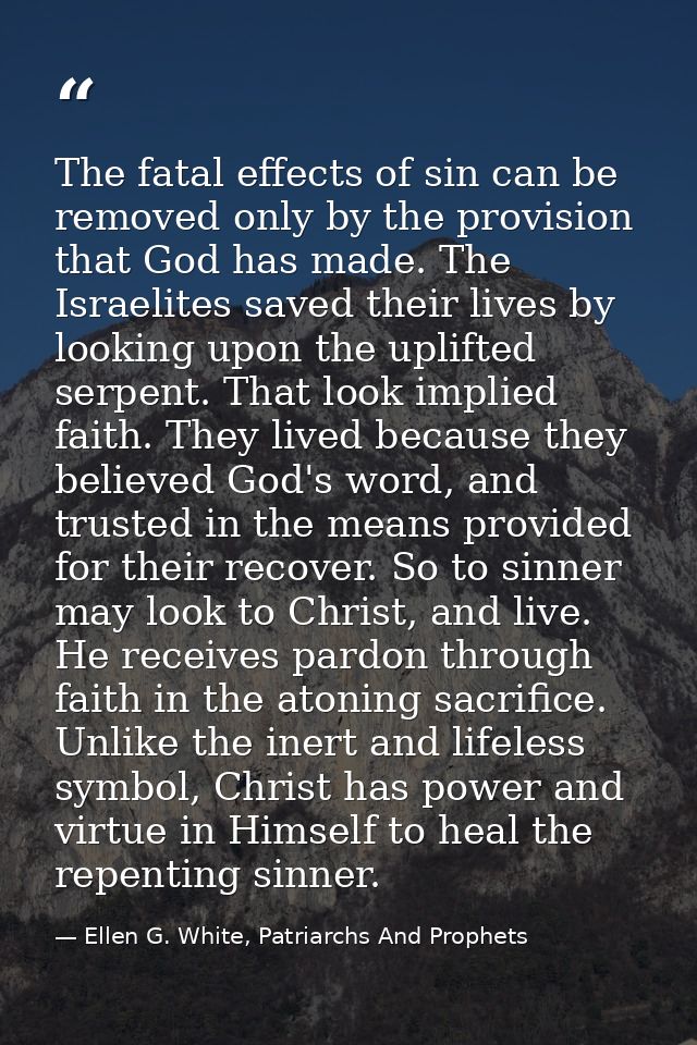 The fatal effects of sin can be removed only by the provision that God has made. The Israelites saved their lives by loo — Ellen G. White, Patriarchs And Prophets