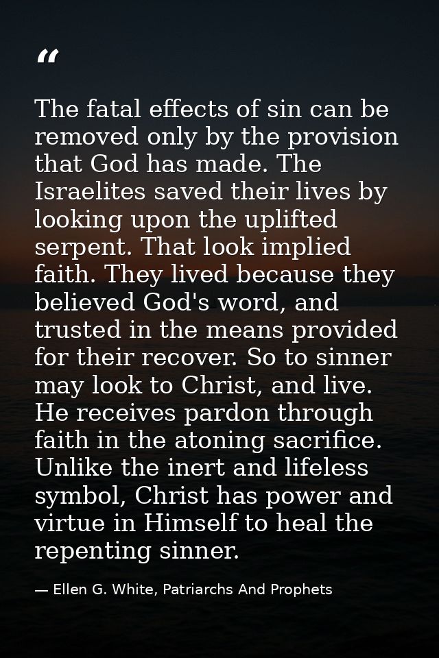 The fatal effects of sin can be removed only by the provision that God has made. The Israelites saved their lives by loo — Ellen G. White, Patriarchs And Prophets