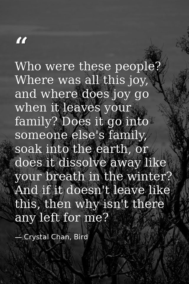 Who were these people? Where was all this joy, and where does joy go when it leaves your family? Does it go into someone — Crystal Chan, Bird