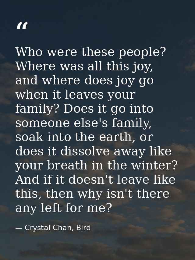 Who were these people? Where was all this joy, and where does joy go when it leaves your family? Does it go into someone — Crystal Chan, Bird