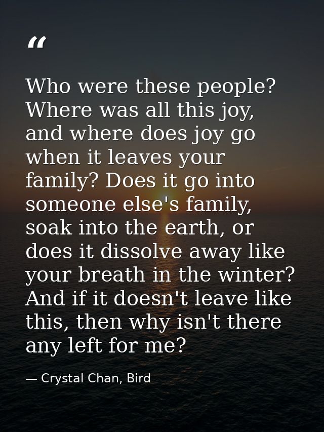Who were these people? Where was all this joy, and where does joy go when it leaves your family? Does it go into someone — Crystal Chan, Bird