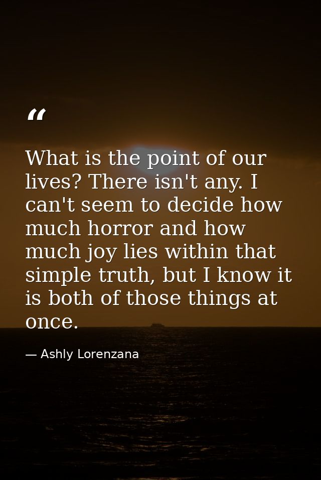 What is the point of our lives? There isn't any. I can't seem to decide how much horror and how much joy lies within tha — Ashly Lorenzana