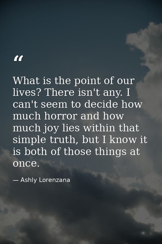 What is the point of our lives? There isn't any. I can't seem to decide how much horror and how much joy lies within tha — Ashly Lorenzana