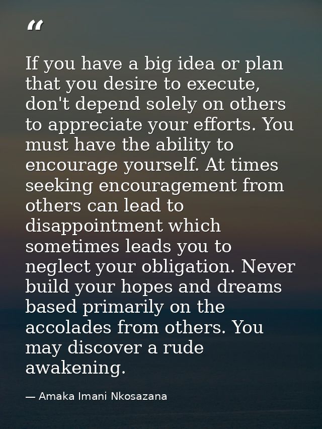 If you have a big idea or plan that you desire to execute, don't depend solely on others to appreciate your efforts. You — Amaka Imani Nkosazana