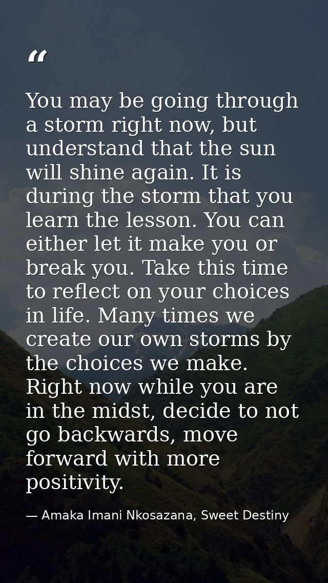 You may be going through a storm right now, but understand that the sun will shine again. It is during the storm that yo — Amaka Imani Nkosazana, Sweet Destiny