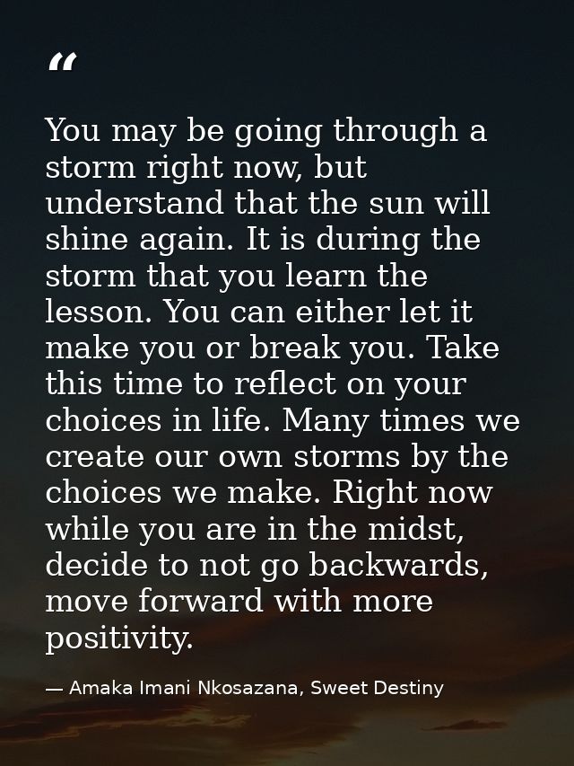 You may be going through a storm right now, but understand that the sun will shine again. It is during the storm that yo — Amaka Imani Nkosazana, Sweet Destiny