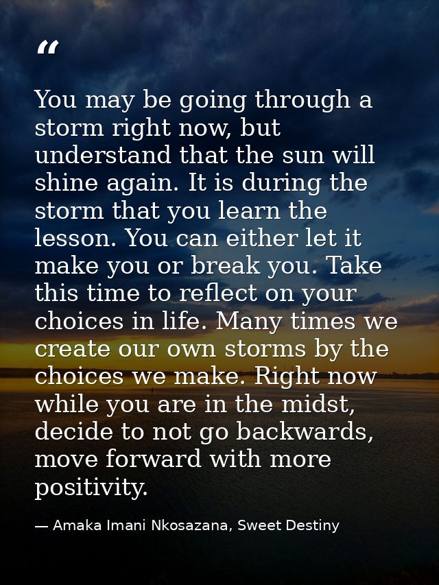You may be going through a storm right now, but understand that the sun will shine again. It is during the storm that yo — Amaka Imani Nkosazana, Sweet Destiny