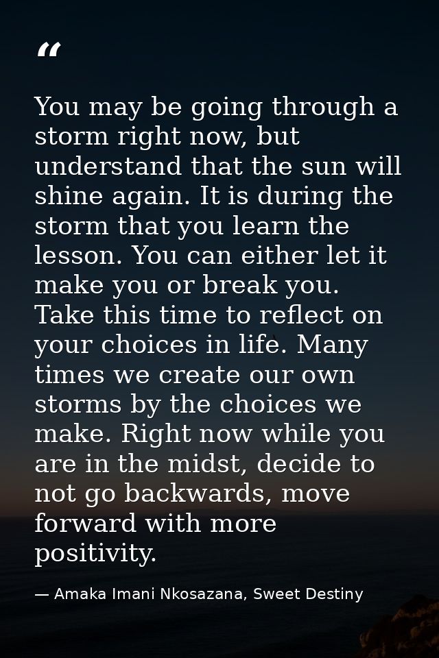 You may be going through a storm right now, but understand that the sun will shine again. It is during the storm that yo — Amaka Imani Nkosazana, Sweet Destiny