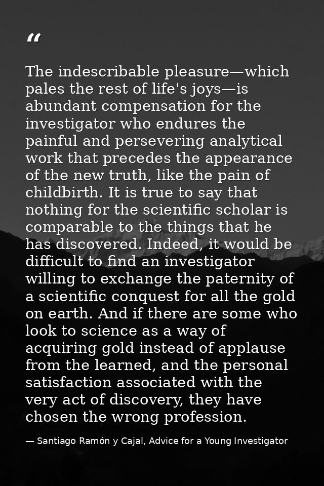 The indescribable pleasure—which pales the rest of life's joys—is abundant compensation for the investigator who endures — Santiago Ramón y Cajal, Advice for a Young Investigator