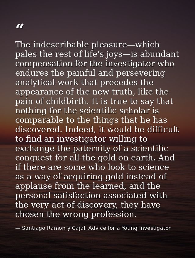 The indescribable pleasure—which pales the rest of life's joys—is abundant compensation for the investigator who endures — Santiago Ramón y Cajal, Advice for a Young Investigator