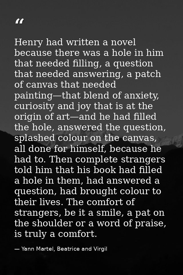 Henry had written a novel because there was a hole in him that needed filling, a question that needed answering, a patch — Yann Martel, Beatrice and Virgil