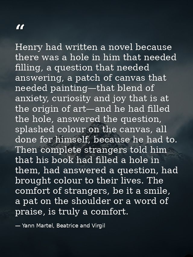 Henry had written a novel because there was a hole in him that needed filling, a question that needed answering, a patch — Yann Martel, Beatrice and Virgil