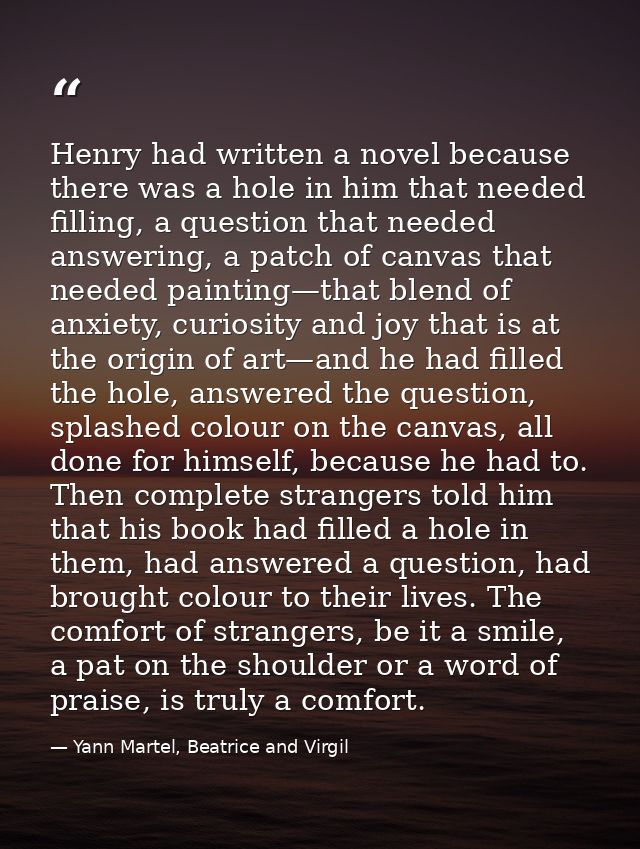 Henry had written a novel because there was a hole in him that needed filling, a question that needed answering, a patch — Yann Martel, Beatrice and Virgil