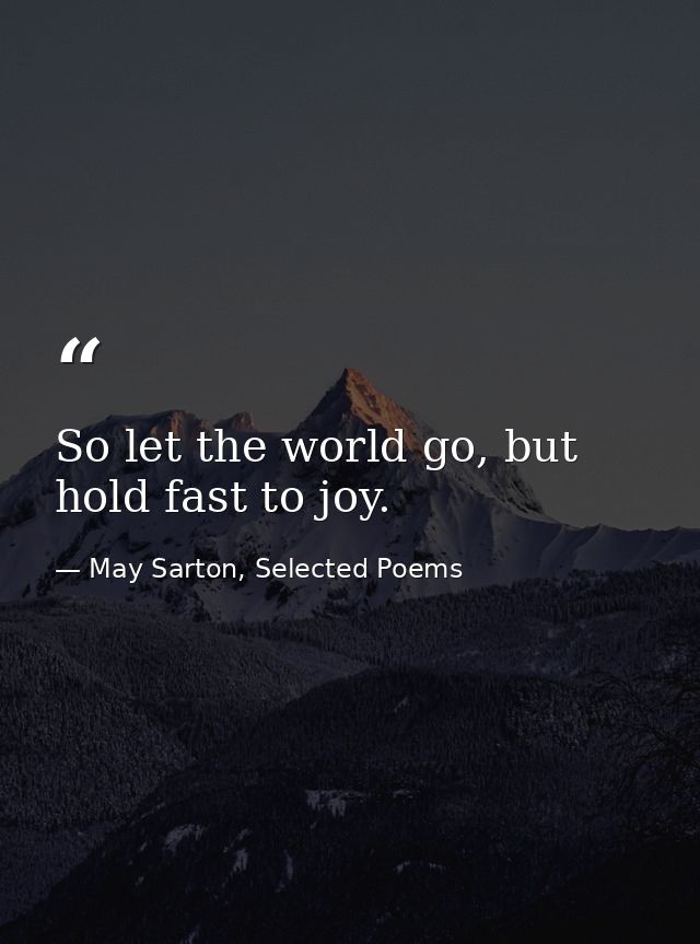 So let the world go, but hold fast to joy. — May Sarton, Selected Poems