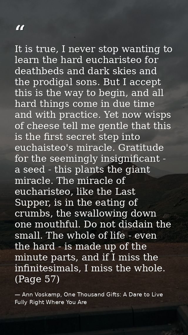 It is true, I never stop wanting to learn the hard eucharisteo for deathbeds and dark skies and the prodigal sons. But I — Ann Voskamp, One Thousand Gifts: A Dare to Live Fully Right Where You Are