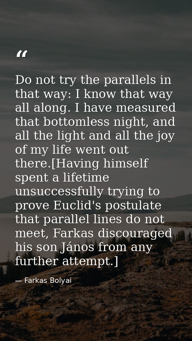 Do not try the parallels in that way: I know that way all along. I have measured that bottomless night, and all the ligh — Farkas Bolyai