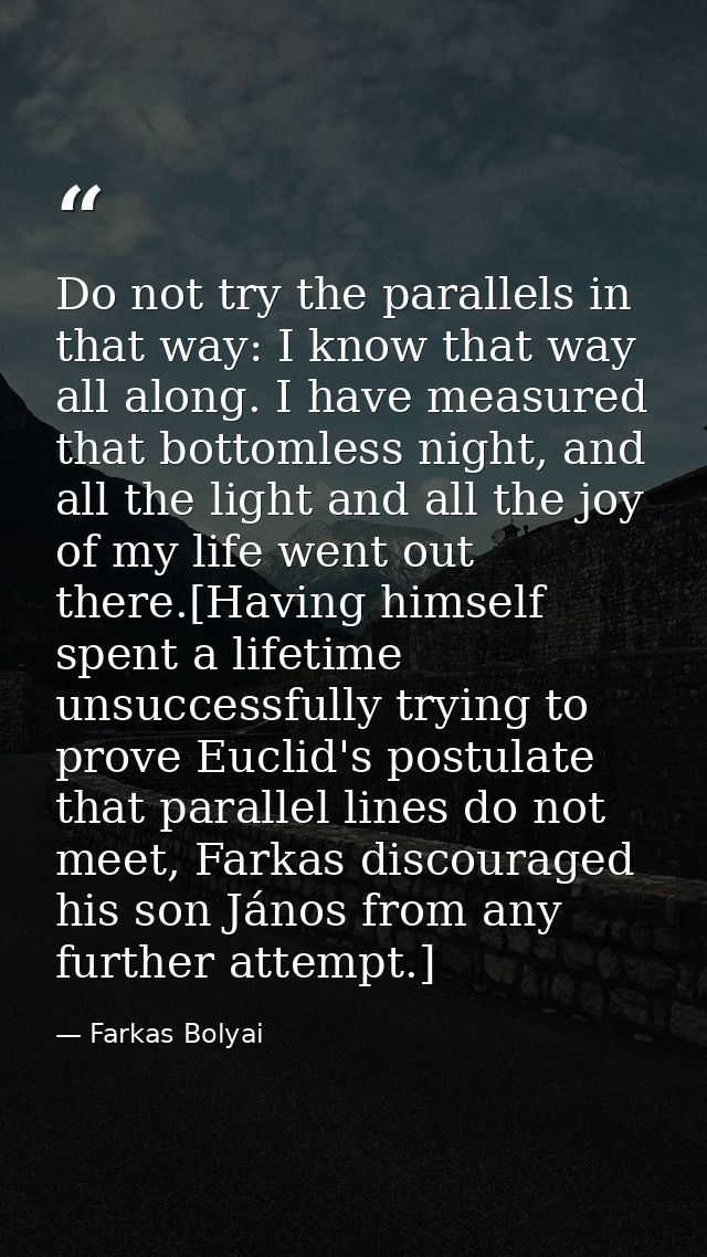 Do not try the parallels in that way: I know that way all along. I have measured that bottomless night, and all the ligh — Farkas Bolyai