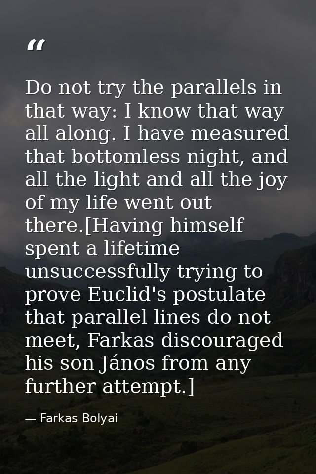 Do not try the parallels in that way: I know that way all along. I have measured that bottomless night, and all the ligh — Farkas Bolyai