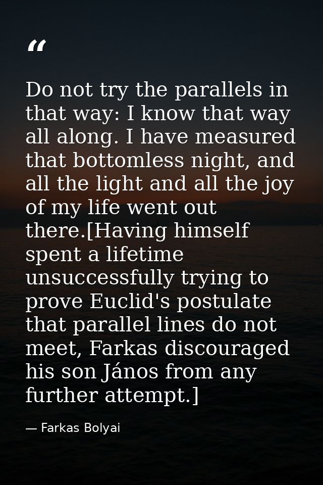 Do not try the parallels in that way: I know that way all along. I have measured that bottomless night, and all the ligh — Farkas Bolyai