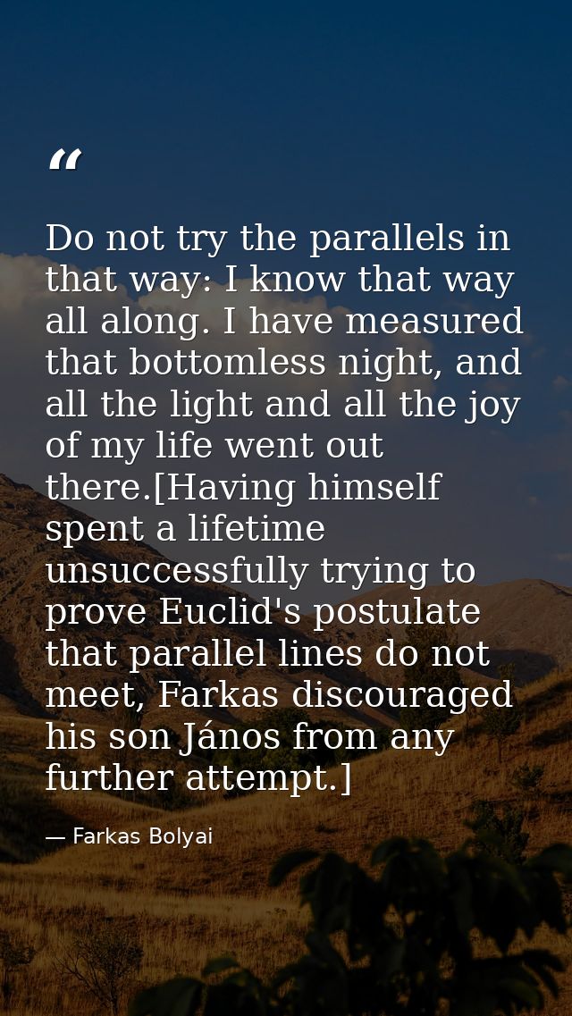 Do not try the parallels in that way: I know that way all along. I have measured that bottomless night, and all the ligh — Farkas Bolyai