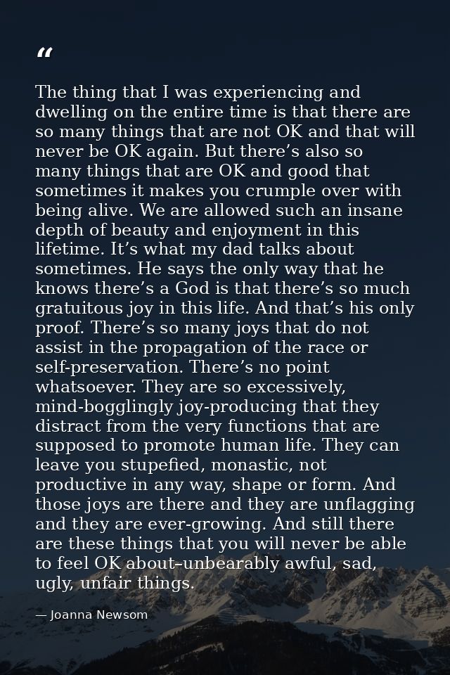 The thing that I was experiencing and dwelling on the entire time is that there are so many things that are not OK and t — Joanna Newsom