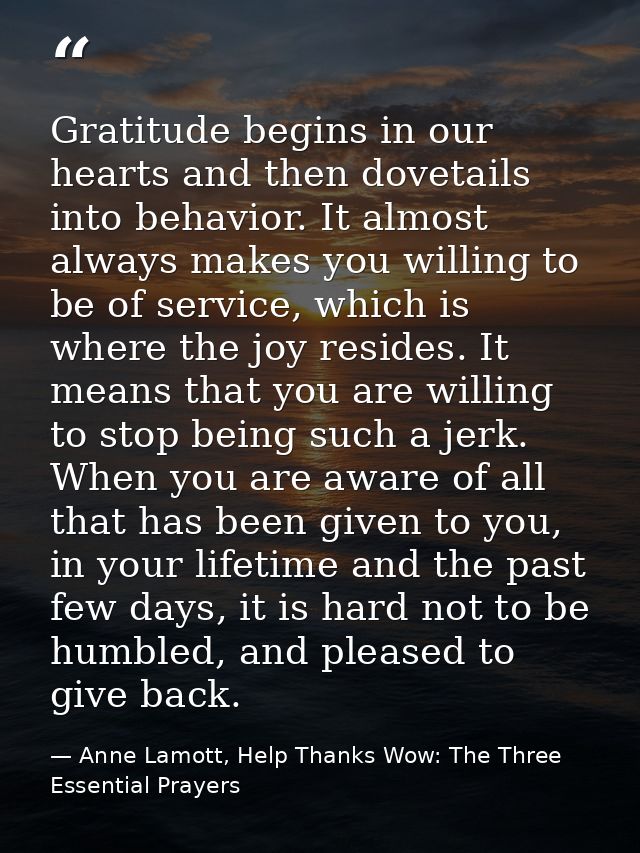 Gratitude begins in our hearts and then dovetails into behavior. It almost always makes you willing to be of service, wh — Anne Lamott, Help Thanks Wow: The Three Essential Prayers