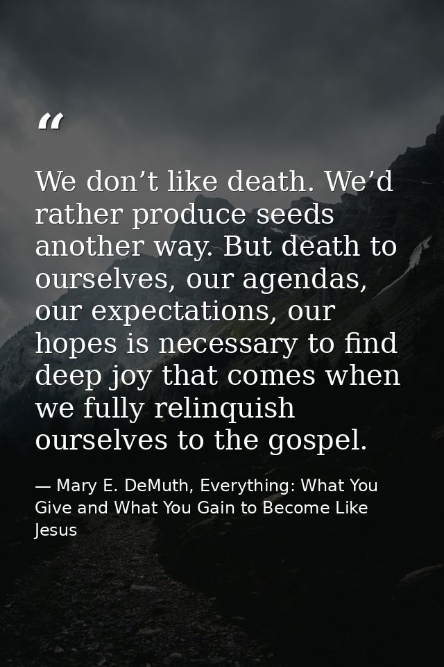 We don’t like death. We’d rather produce seeds another way. But death to ourselves, our agendas, our expectations, our h — Mary E. DeMuth, Everything: What You Give and What You Gain to Become Like Jesus