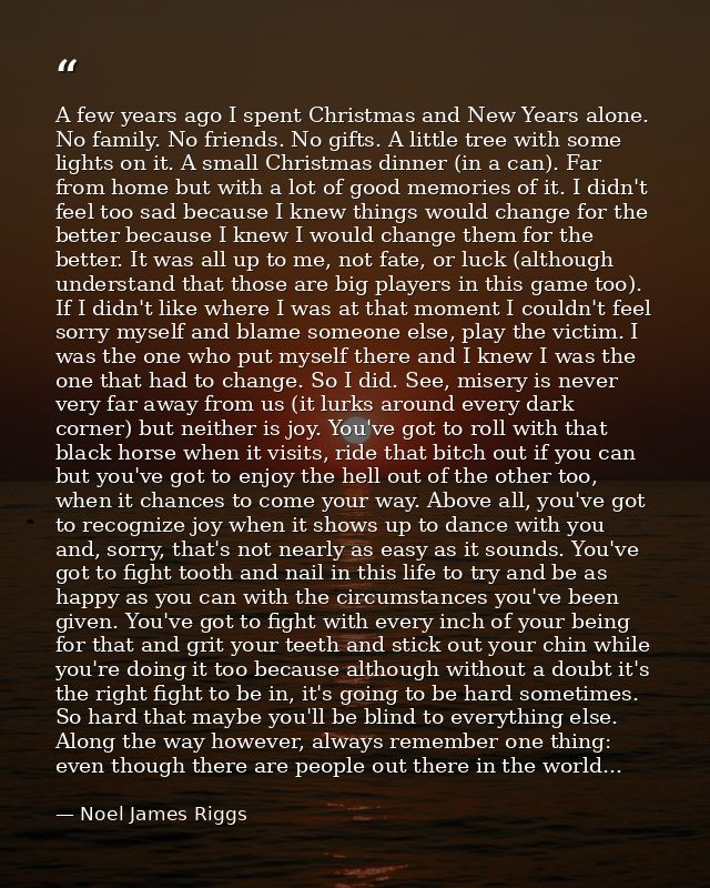 A few years ago I spent Christmas and New Years alone. No family. No friends. No gifts. A little tree with some lights o — Noel James Riggs