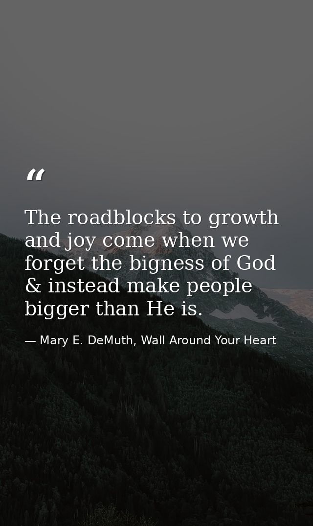 The roadblocks to growth and joy come when we forget the bigness of God & instead make people bigger than He is. — Mary E. DeMuth, Wall Around Your Heart