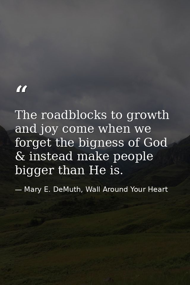 The roadblocks to growth and joy come when we forget the bigness of God & instead make people bigger than He is. — Mary E. DeMuth, Wall Around Your Heart