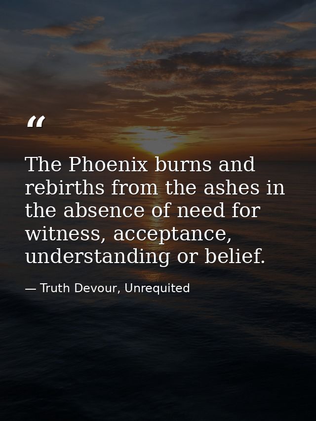 The Phoenix burns and rebirths from the ashes in the absence of need for witness, acceptance, understanding or belief. — Truth Devour, Unrequited