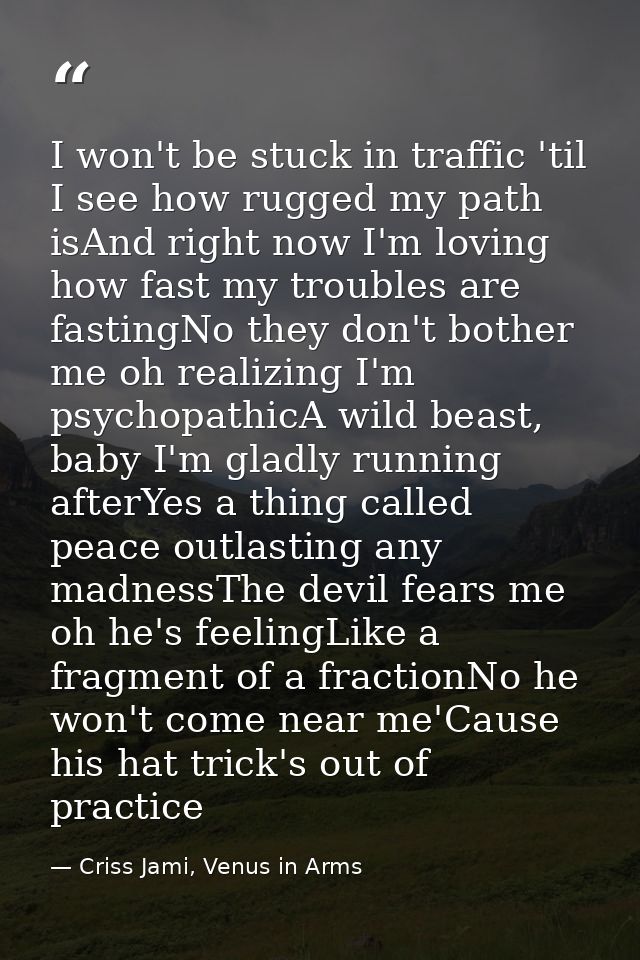 I won't be stuck in traffic 'til I see how rugged my path isAnd right now I'm loving how fast my troubles are fastingNo  — Criss Jami, Venus in Arms