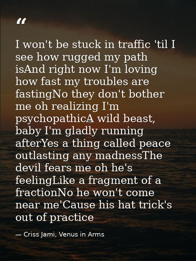 I won't be stuck in traffic 'til I see how rugged my path isAnd right now I'm loving how fast my troubles are fastingNo  — Criss Jami, Venus in Arms