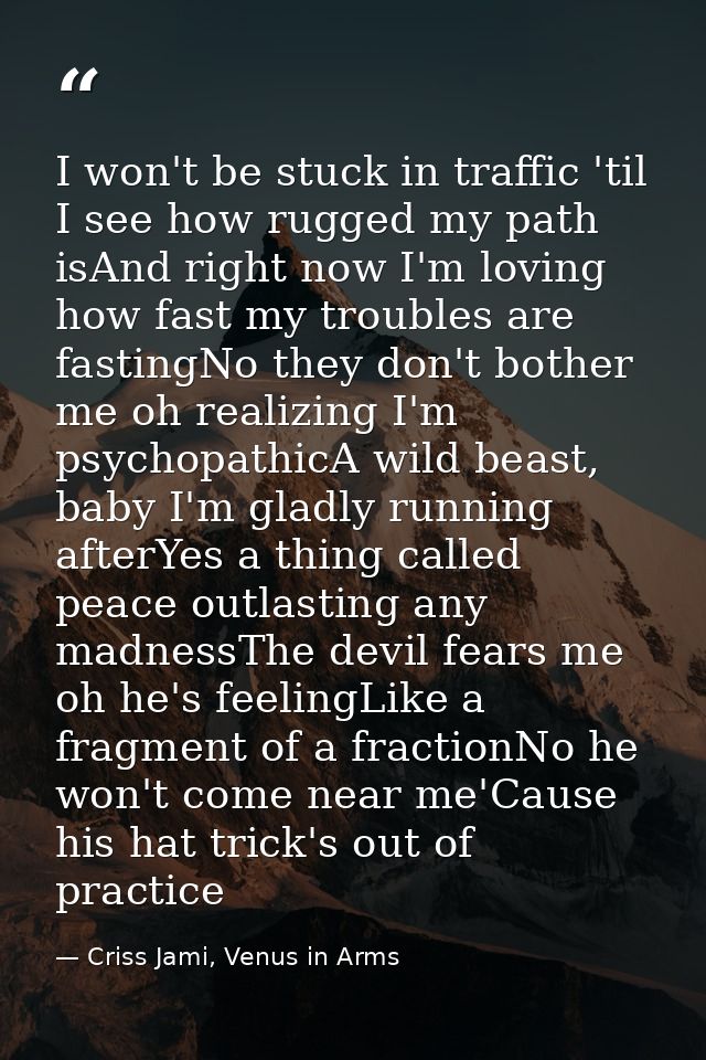 I won't be stuck in traffic 'til I see how rugged my path isAnd right now I'm loving how fast my troubles are fastingNo  — Criss Jami, Venus in Arms