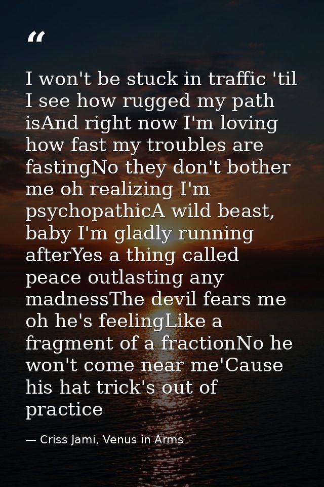 I won't be stuck in traffic 'til I see how rugged my path isAnd right now I'm loving how fast my troubles are fastingNo  — Criss Jami, Venus in Arms