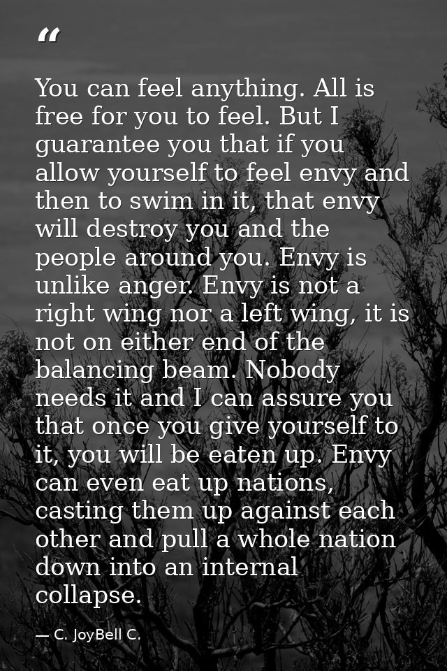 You can feel anything. All is free for you to feel. But I guarantee you that if you allow yourself to feel envy and then — C. JoyBell C.