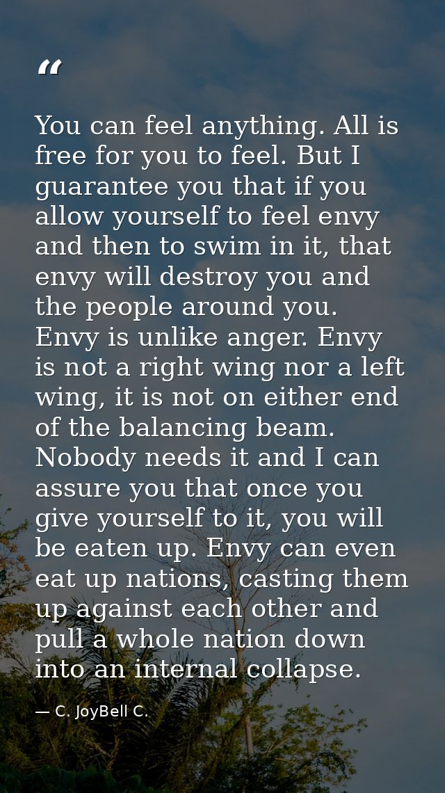 You can feel anything. All is free for you to feel. But I guarantee you that if you allow yourself to feel envy and then — C. JoyBell C.