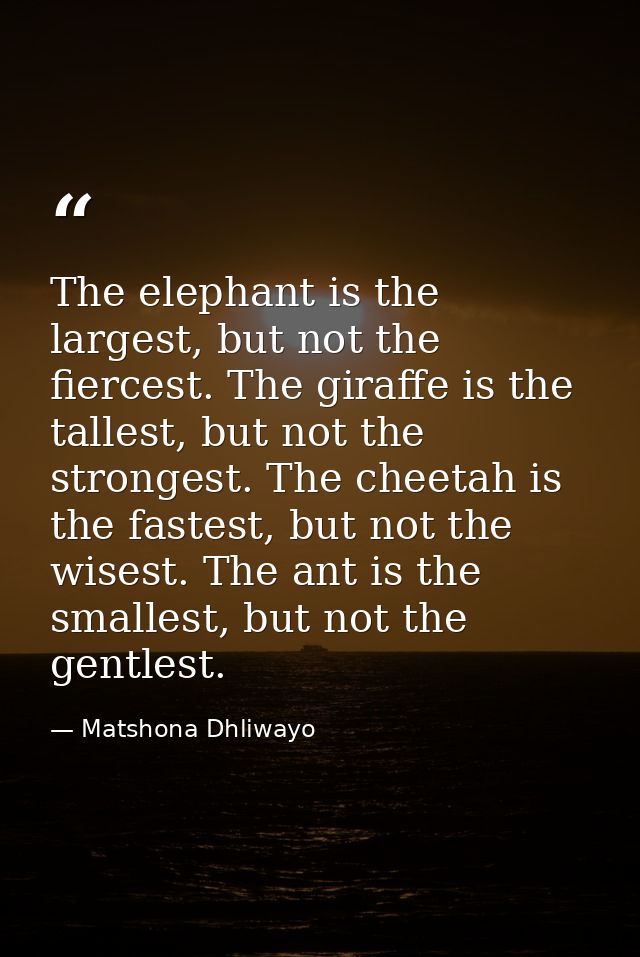 The elephant is the largest, but not the fiercest. The giraffe is the tallest, but not the strongest. The cheetah is the — Matshona Dhliwayo