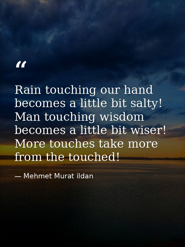 Rain touching our hand becomes a little bit salty! Man touching wisdom becomes a little bit wiser! More touches take mor — Mehmet Murat ildan