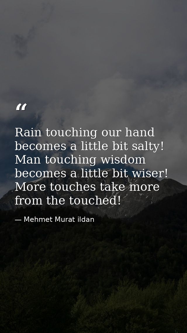 Rain touching our hand becomes a little bit salty! Man touching wisdom becomes a little bit wiser! More touches take mor — Mehmet Murat ildan
