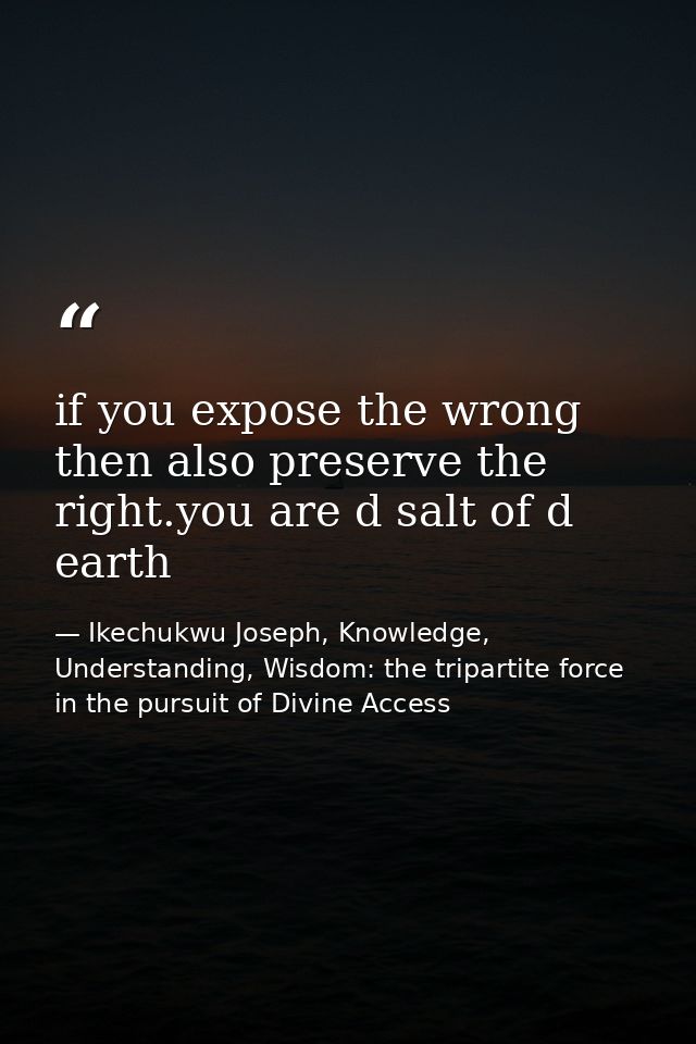 if you expose the wrong then also preserve the right.you are d salt of d earth — Ikechukwu Joseph, Knowledge, Understanding, Wisdom: the tripartite force in the pursuit of Divine Access
