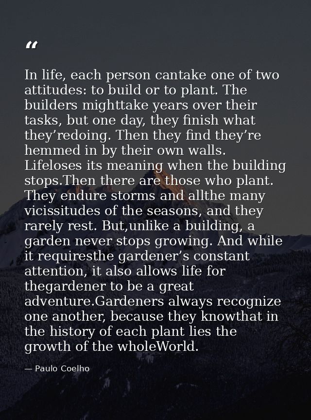 In life, each person cantake one of two attitudes: to build or to plant. The builders mighttake years over their tasks,  — Paulo Coelho