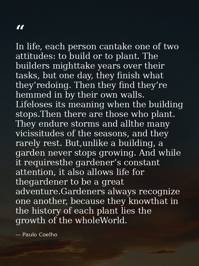 In life, each person cantake one of two attitudes: to build or to plant. The builders mighttake years over their tasks,  — Paulo Coelho