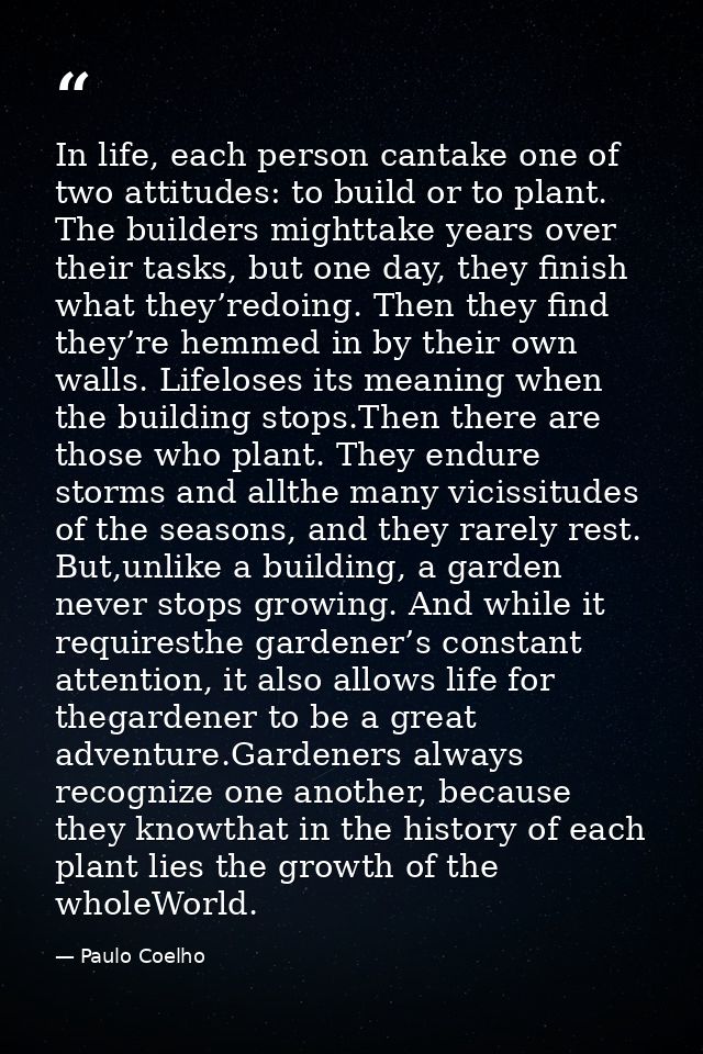 In life, each person cantake one of two attitudes: to build or to plant. The builders mighttake years over their tasks,  — Paulo Coelho